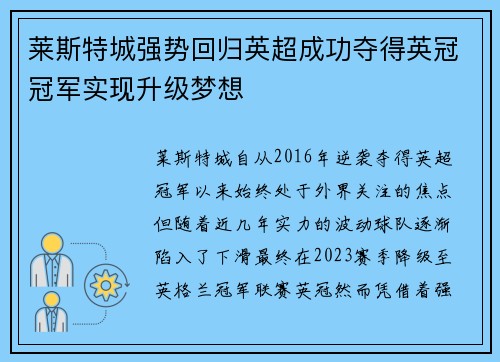 莱斯特城强势回归英超成功夺得英冠冠军实现升级梦想